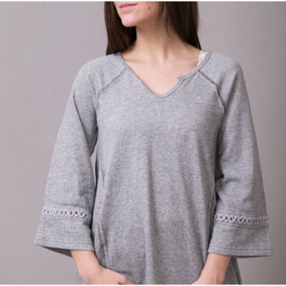 Free People Grey Mystery Wide Sleeve Women Medium Boho Top Crochet Casual - Picture 1 of 10